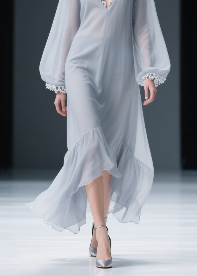 Light Grey Lace Chiffon Maxi Dresses V Neck Spring
