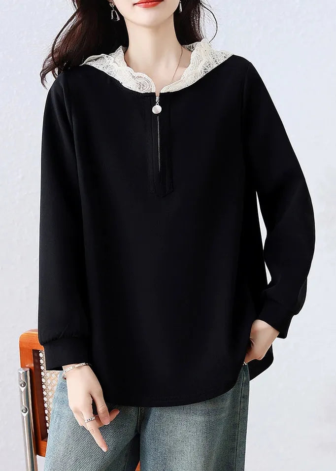Simple Black Hooded Lace Patchwork Cotton T Shirt Fall
