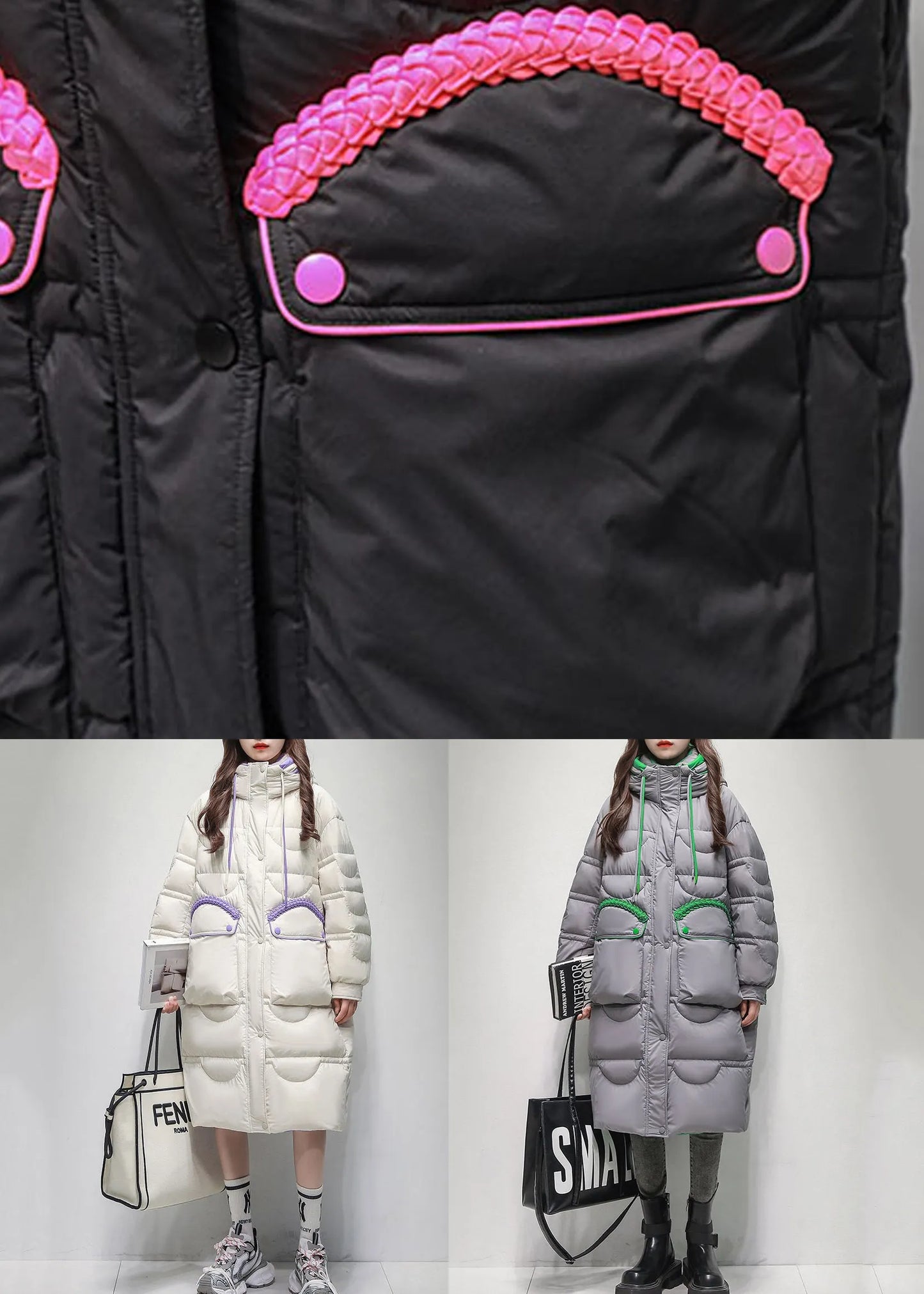 Loose Black Lace Up Pockets Patchwork Duck Down Puffer Coat Winter