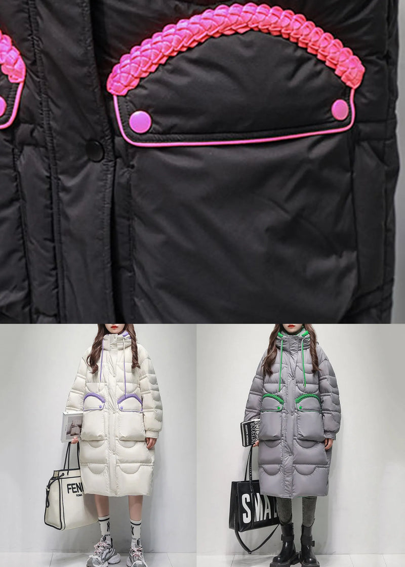 Grey Button Pockets Duck Down Winter Down Long Coat Hooded