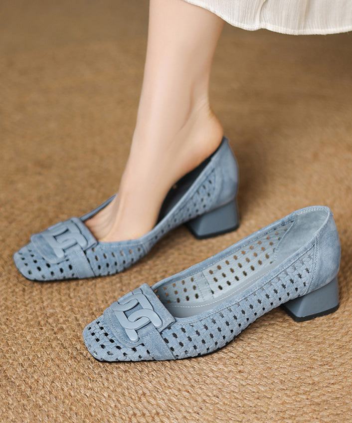 Blue Chunky Heels Suede Hollow Out Splicing