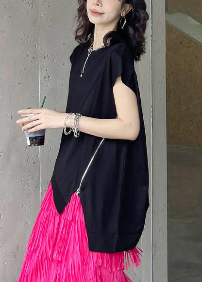 Modern Black O-neck Asymmetrical Patchwork Cotton T Shirt Summer