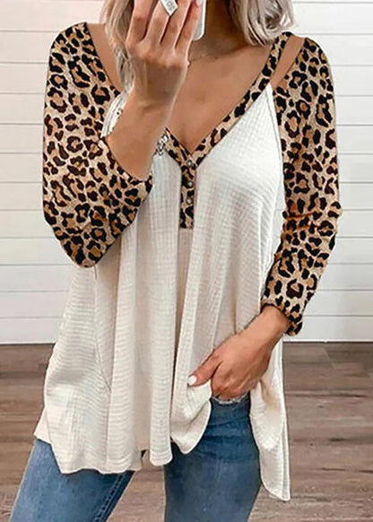 Black V Neck Asymmetrical Design Patchwork Leopard Print Top Long Sleeve