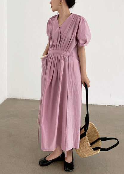 Pink Wrinkled Pockets Tie Waist Cotton Long Dresses Summer