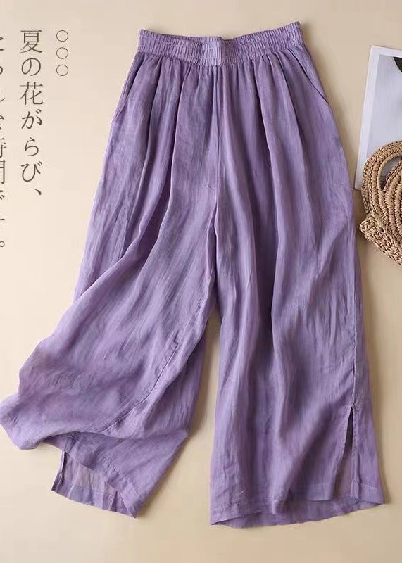 Lavender Elastic Waist Side Open Linen Straight Pants Summer