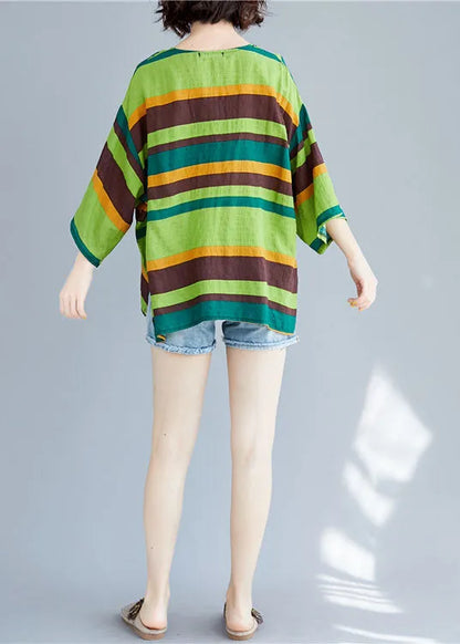 Unique Green O-neck Asymmetrical Striped T Shirt Summer