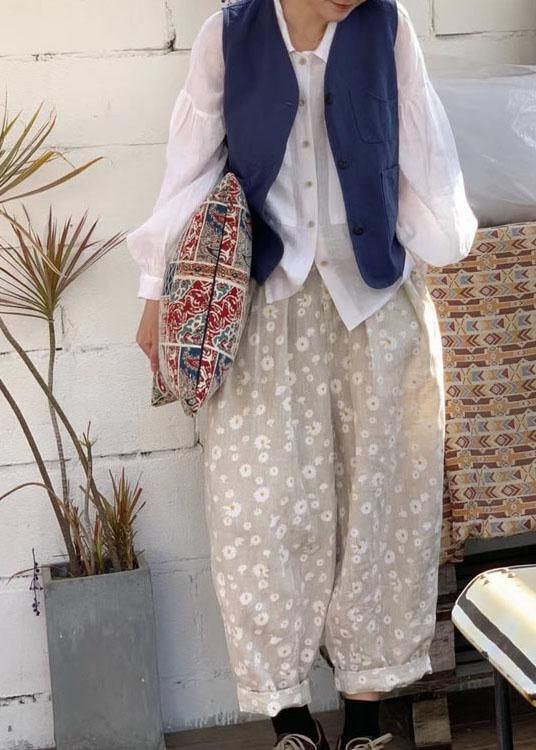 Beige Pockets Print Fall Pants