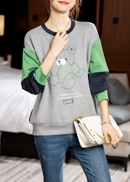 Grey O-neck Embroideried Patchwork Cotton Sweatshirt Long Sleeve