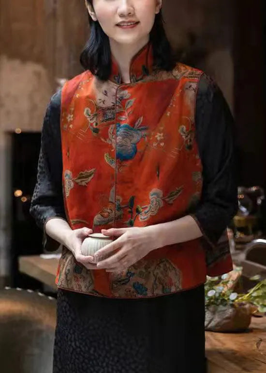 Original Design Red Stand Collar Embroideried Silk Chinese Style Vest Sleeveless