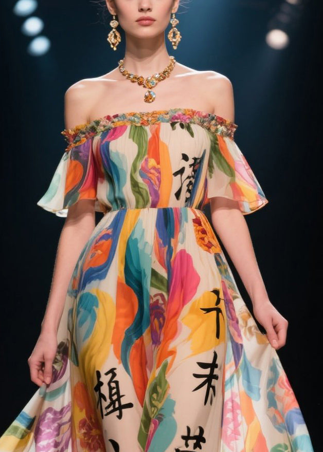 Print Exra Large Hem Chiffon Cold Shoulder Dress Summer