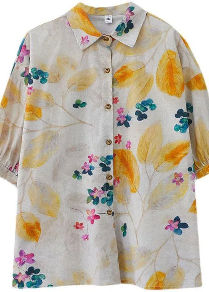 Print Peter Pan Collar Button Cotton Top Summer