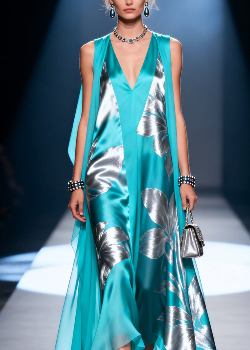 Blue V Neck Print Patchwork Chiffon Dresses Summer