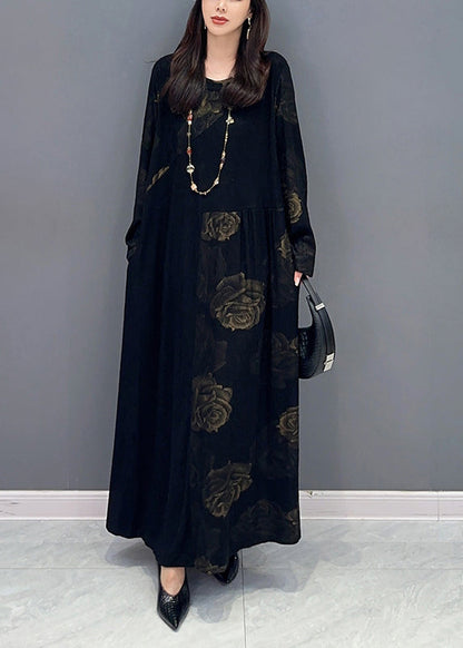 Fine Black O Neck Patchwork Cotton Long Dress Fall