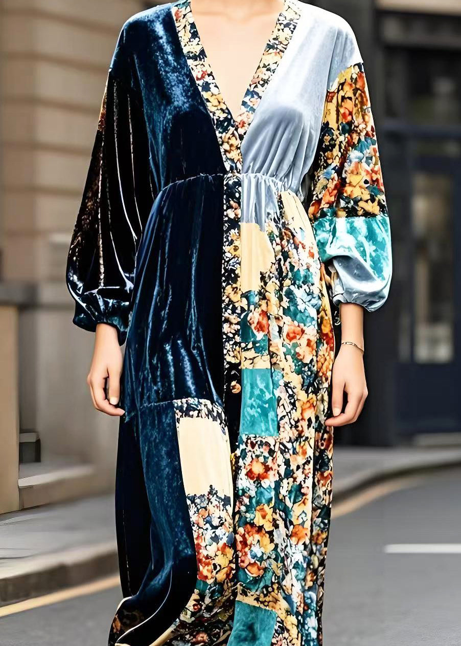 Peacock Blue V Neck Patchwork Print Silk Velour Ankle Dress Fall