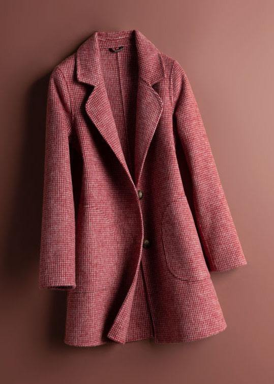 Unique Rose Plaid Fine Tunics for Neckline Notched Pockets Coat