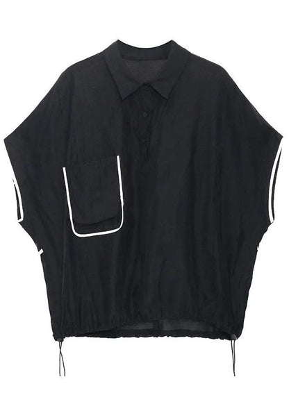 Black Pockets Peter Pan Collar Button Cotton Top Summer