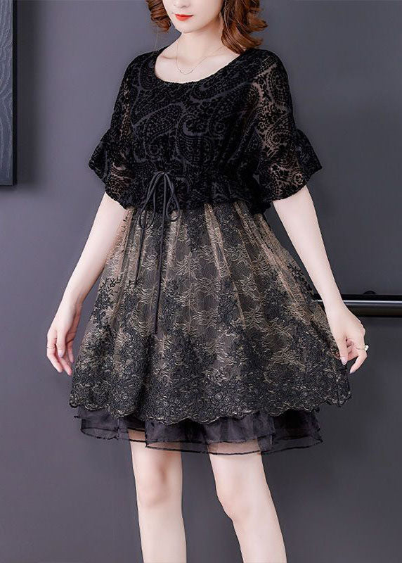 French Black O-neck Patchwork Organza Cinch Dress Summer