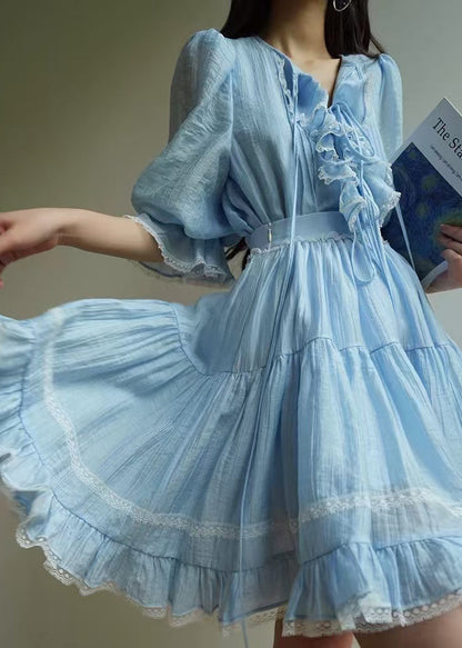 Blue Ruffled Lace Shirt and Skirts Cotton Two Pieces Set Half Sleeve