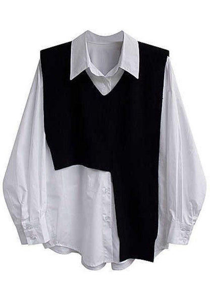 Chocolate Asymmetrical Design Knit Vest Contton Shirts Two Pieces Set Fall