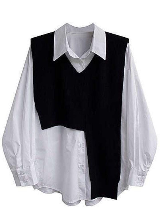Chocolate Asymmetrical Design Knit Vest Contton Shirts Two Pieces Set Fall