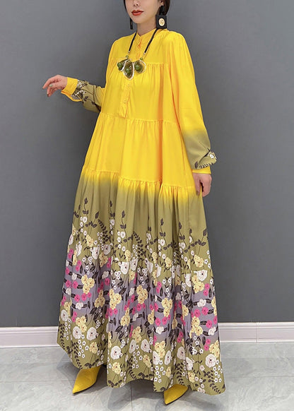 Yellow Stand Collar Print Patchwork Vacation Long Dresses Spring