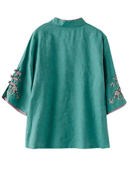 Green Embroideried Button Tops Half Sleeve