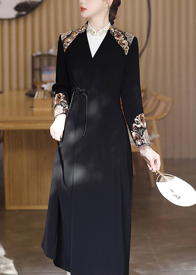 Black V Neck Embroideried Button Satin Trench Coats Fall