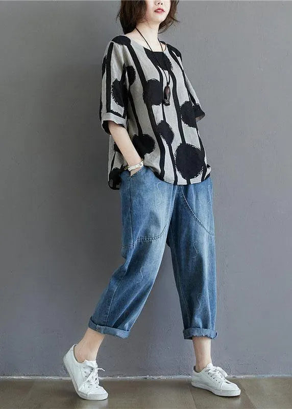 Water Ink Polka Dot Stripe Printed Cotton Linen T-shirt