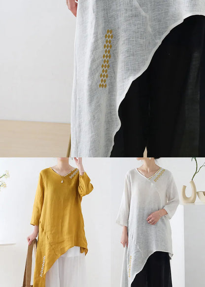 French White V Neck Embroideried Linen Shirt Tops Three Quarter Sleeve