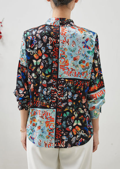 Black Peter Pan Collar Butterfly Silk Shirts Summer