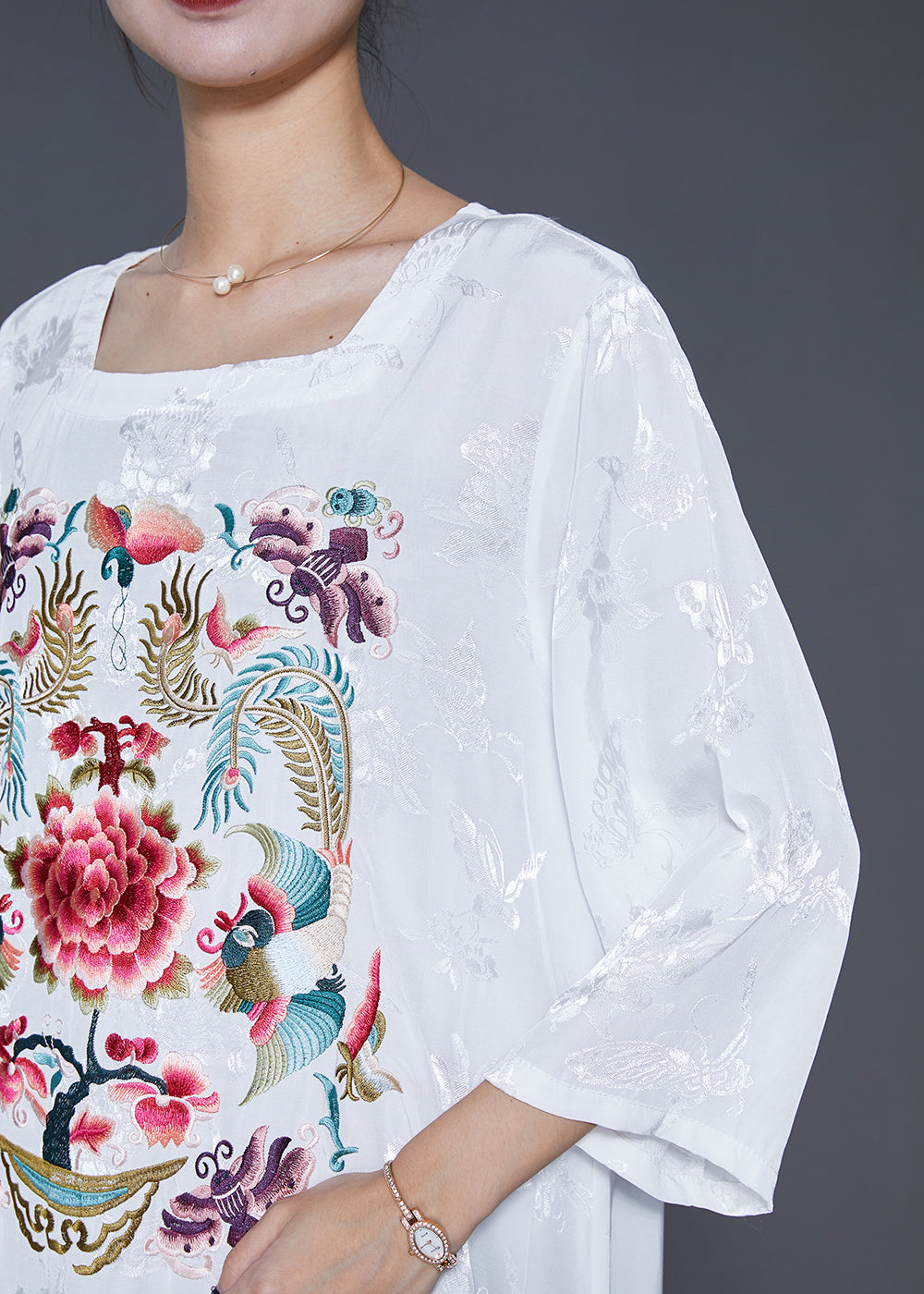 White Square Collar Embroideried Silk Ankle Dress Fall