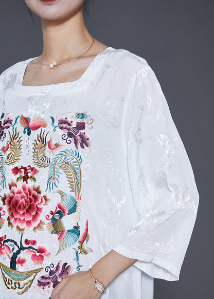 White Square Collar Embroideried Silk Ankle Dress Fall