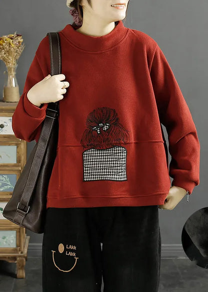 Classy Green Stand Collar Embroideried Warm Fleece Pullover Sweatshirt Winter