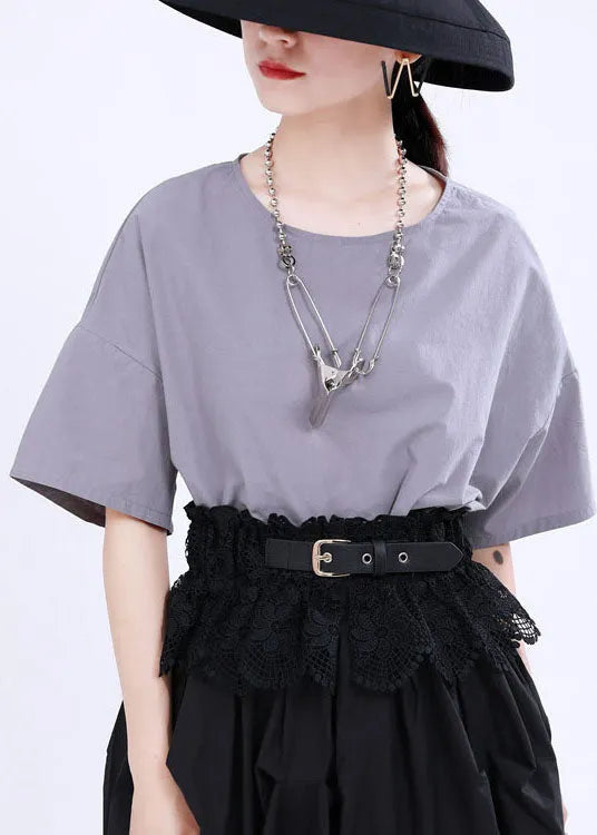 French Grey Asymmetrical Design Button Patchwork Fall Shirt Half Sleeve