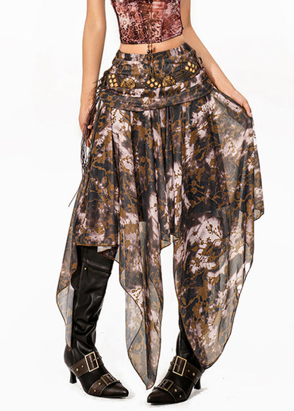 Coffee Asymmetrical Print a Line Skirt
