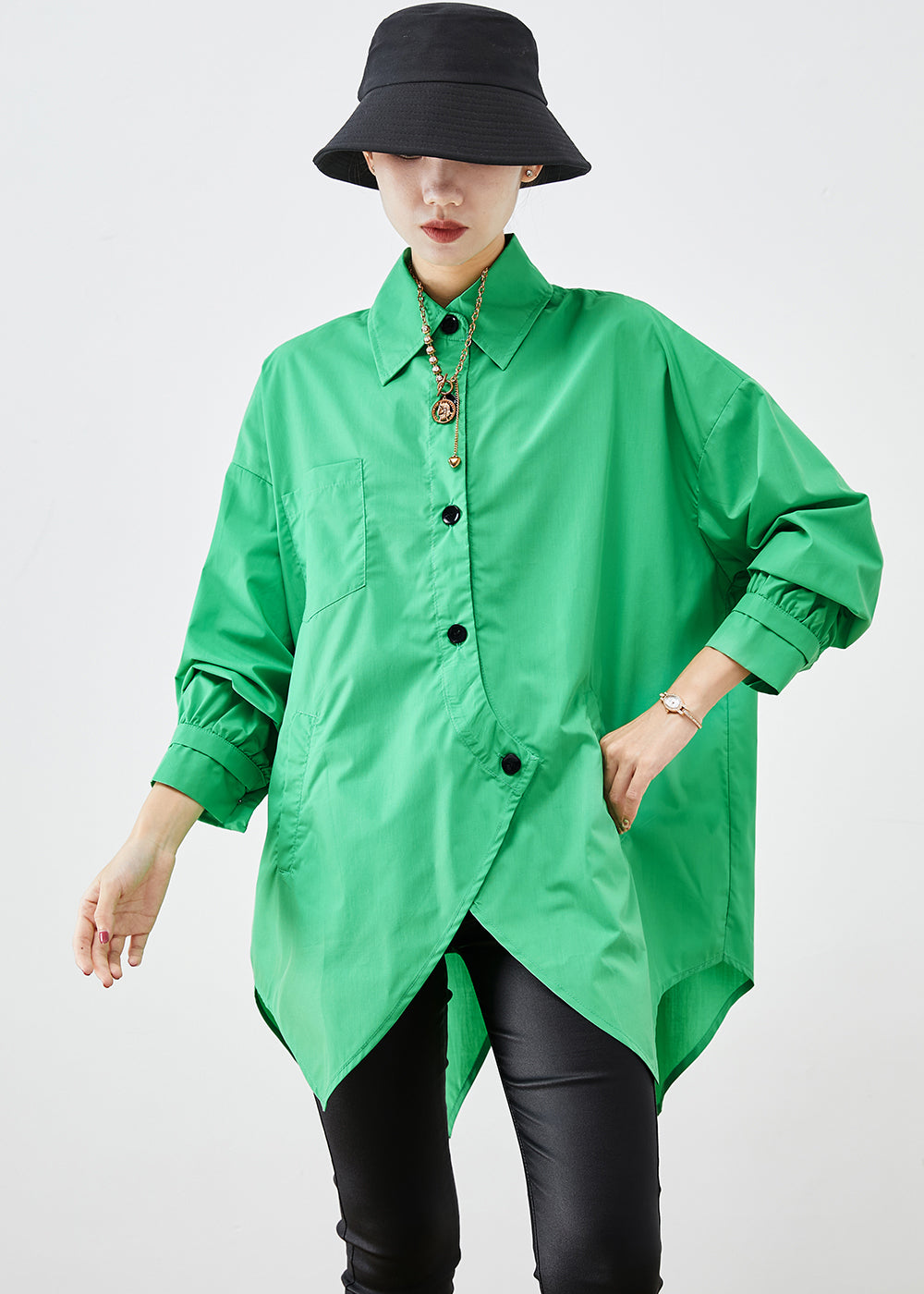 Green Asymmetrical Button Down Cotton Shirt Fall