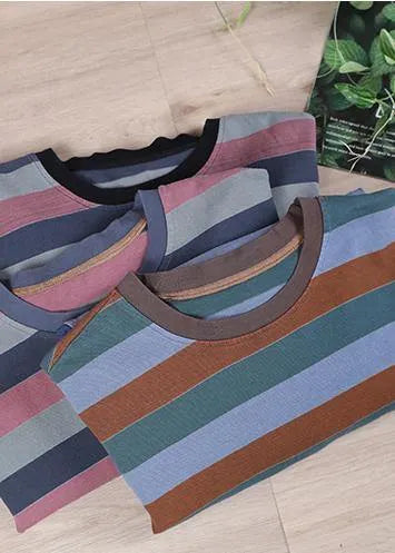 French O-neck Spring Shirts Pattern Gray Striped Tops