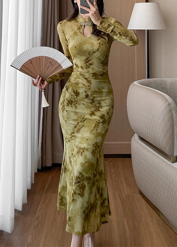 Purple Stand Collar Print Hollow Out Maxi Dress Fall