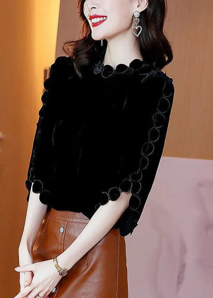 Black O-neck Color Original Design Velour Shirt Top Flare Sleeve