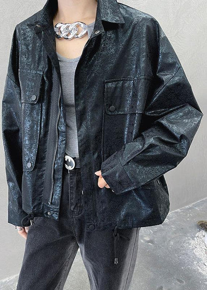 Art Black Pockets Button Zippered Fall Jackets Long Sleeve
