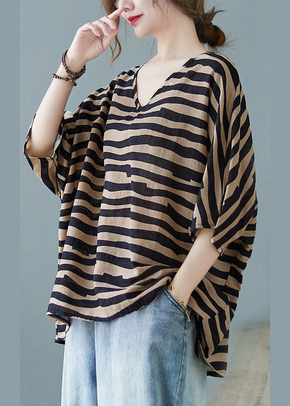 Khaki V Neck Bat Wing Sleeve Striped Print Fall Blouses
