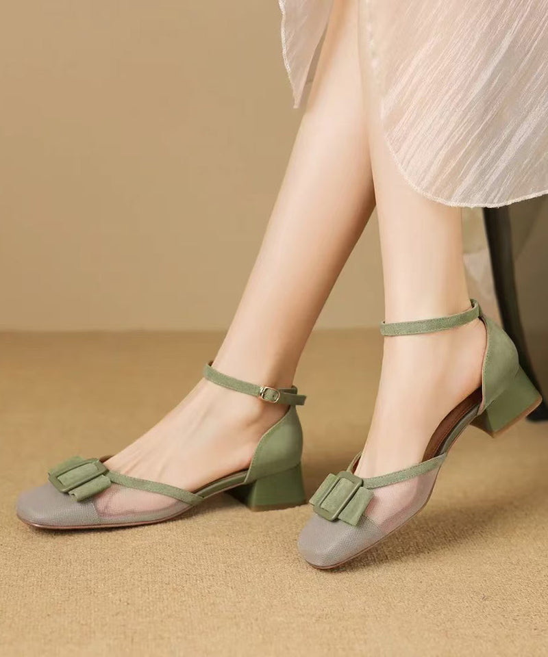 Grass Green Tulle Buckle Strap Splicing Chunky Sandals