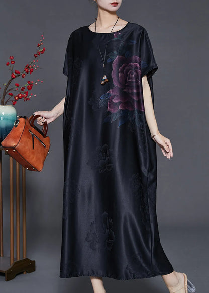 Black Oversized Jacquard Silk Long Dress Summer