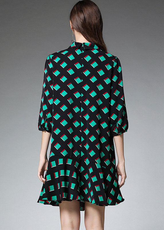 Green Plaid Chiffon Fall Zippered Party Dresses Half Sleeve