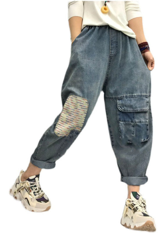 Blue Elastic Waist Patch Applique Denim Pants Spring
