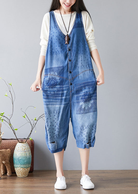 Handmade Light Blue Pockets V Neck Print Jumpsuit Spring
