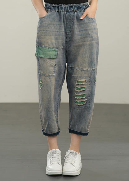 Blue Elastic Waist Hole Denim Pants Summer
