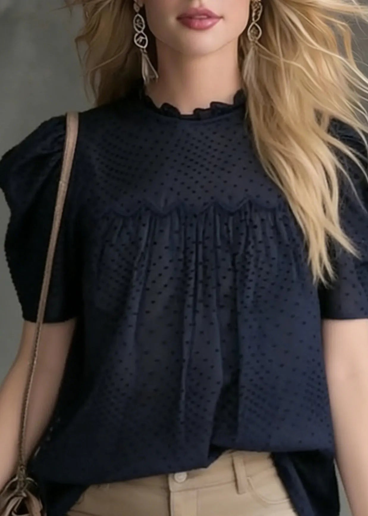 French Navy Wrinkled Cotton Blouses Puff Sleeve