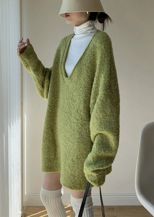 Loose Green Sweaters and Turtleneck Tank Knit Two Piece Set Winter