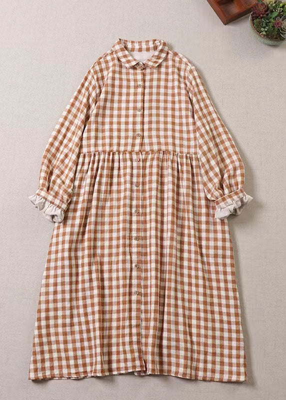 Orange Ruffled Pockets Plaid Dress Spring